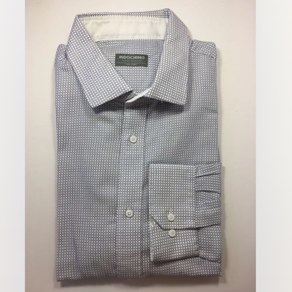 Indochino Men Long Sleeve Dress Shirt Blue White Check Cotton Large